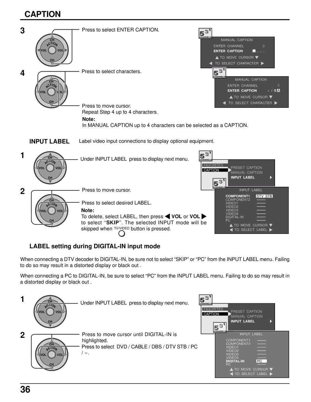 Panasonic PT 52DL52 manual Caption, Label setting during DIGITAL-IN input mode 