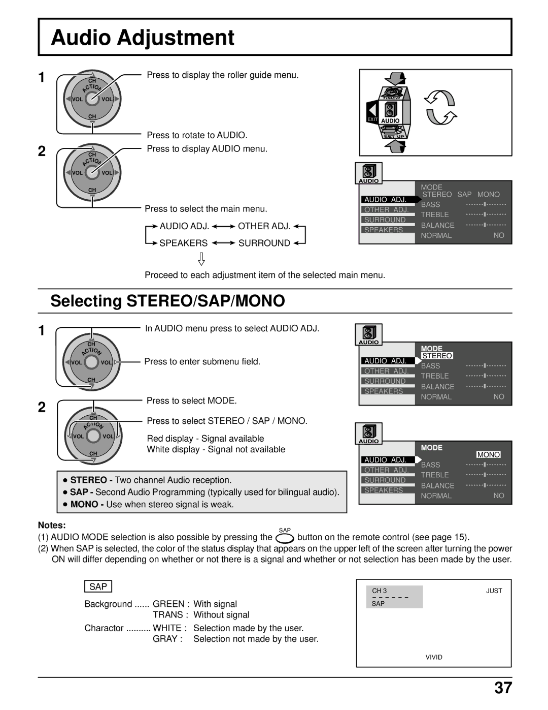 Panasonic PT 52DL52 manual Audio Adjustment, Selecting STEREO/SAP/MONO 