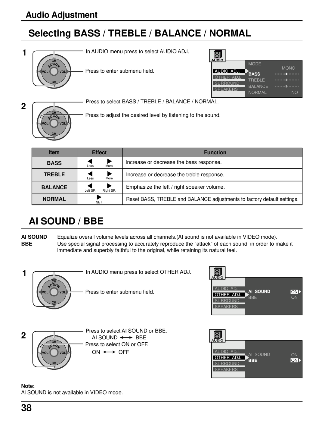 Panasonic PT 52DL52 manual Selecting Bass / Treble / Balance / Normal, AI Sound / BBE, Audio Adjustment, AI Sound BBE 