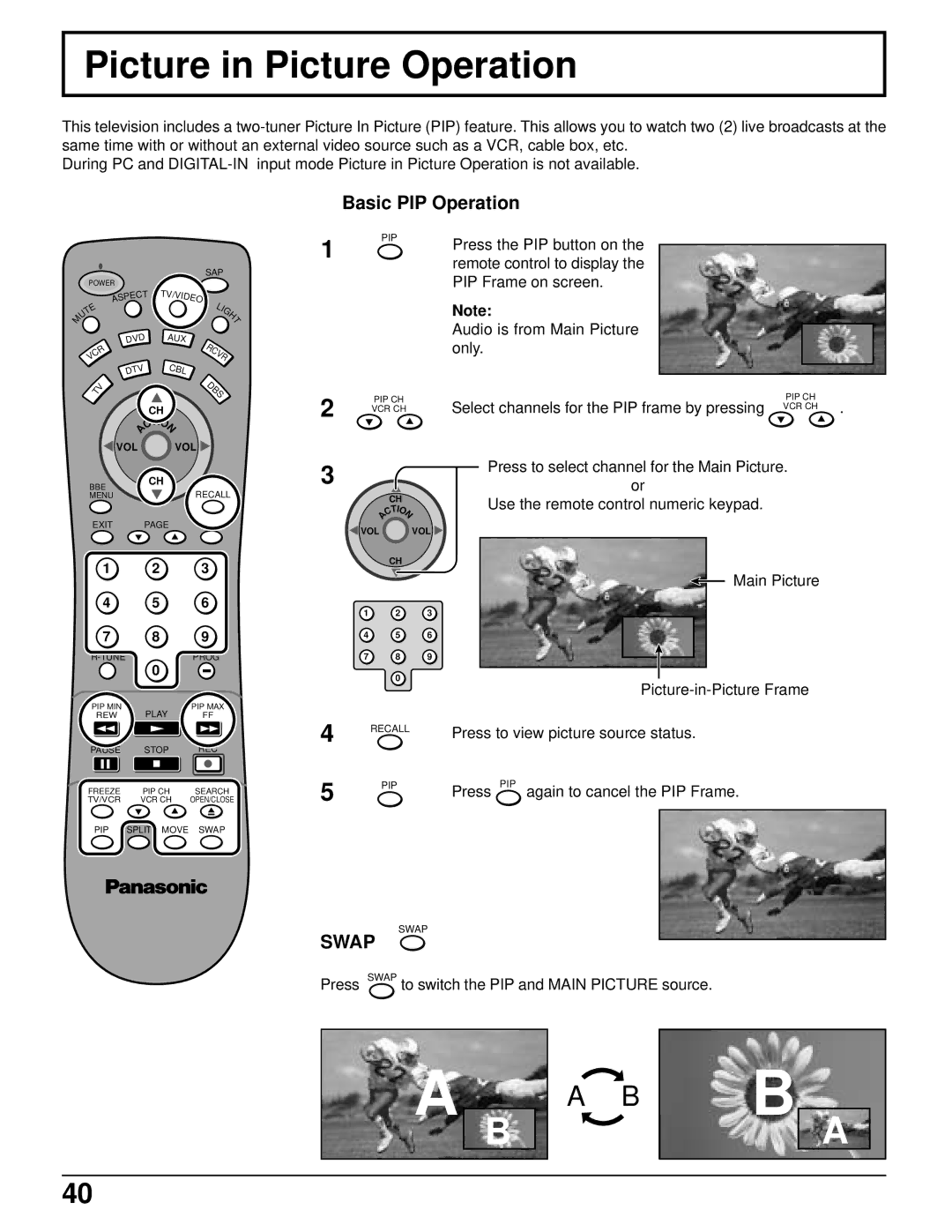 Panasonic PT 52DL52 manual Picture in Picture Operation, Basic PIP Operation, Swap 