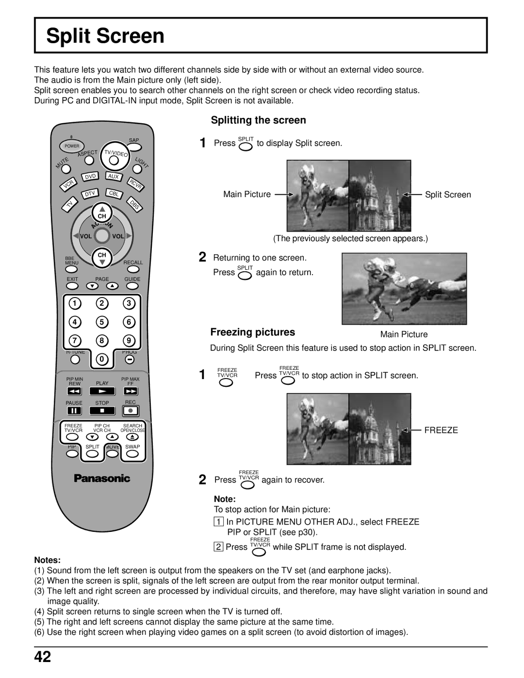 Panasonic PT 52DL52 manual Split Screen, Splitting the screen, Freezing pictures 