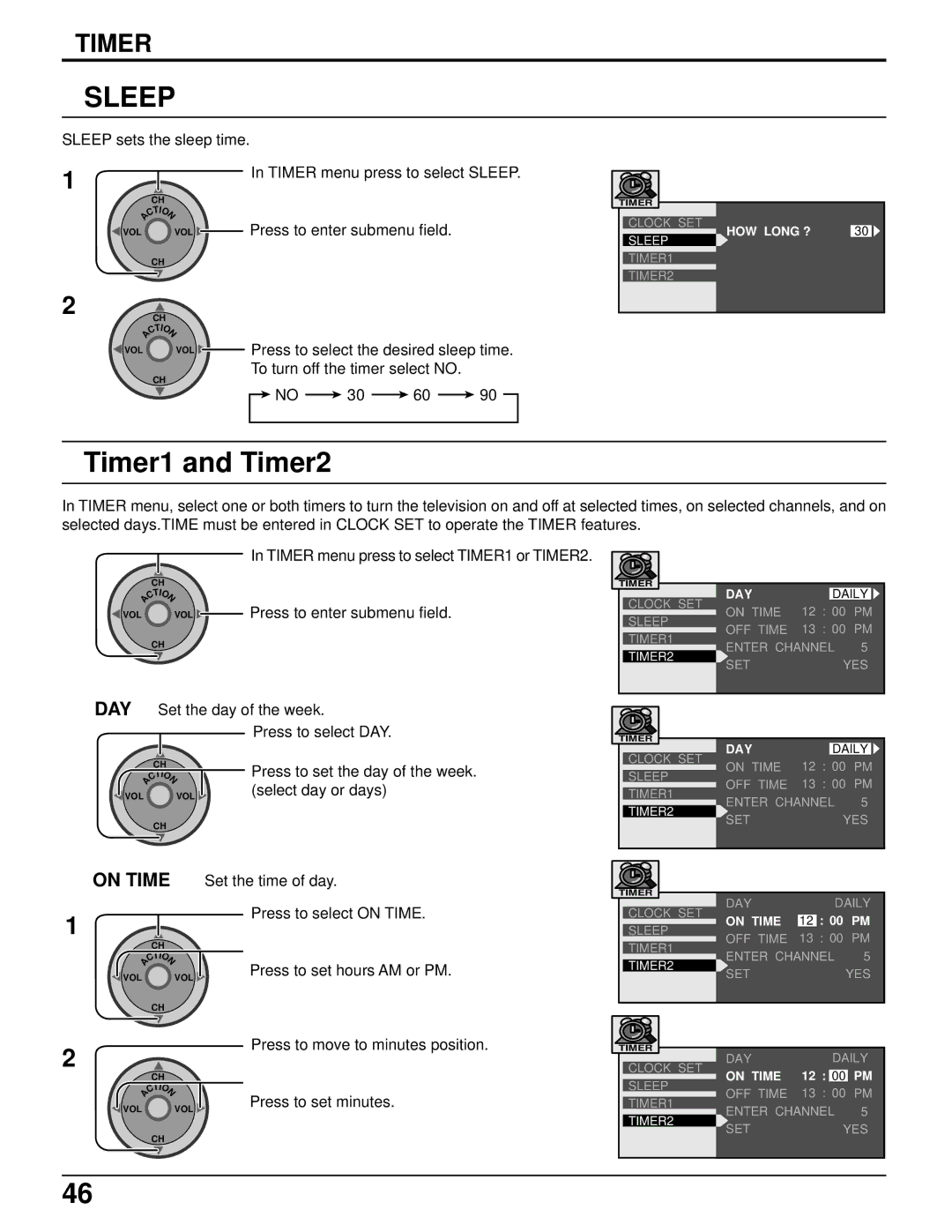 Panasonic PT 52DL52 manual Sleep, Timer1 and Timer2 