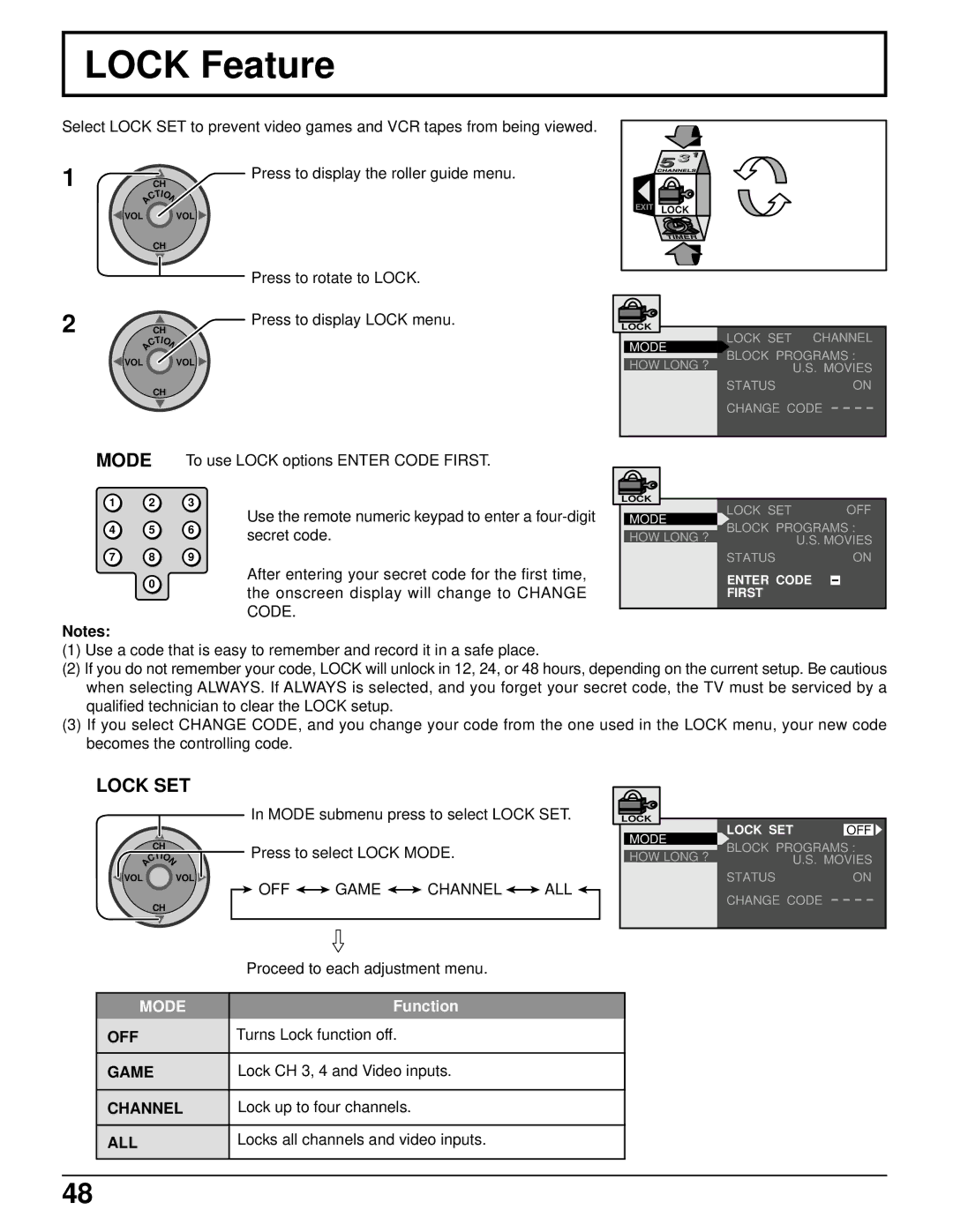 Panasonic PT 52DL52 manual Lock Feature, Lock SET, Game, All 