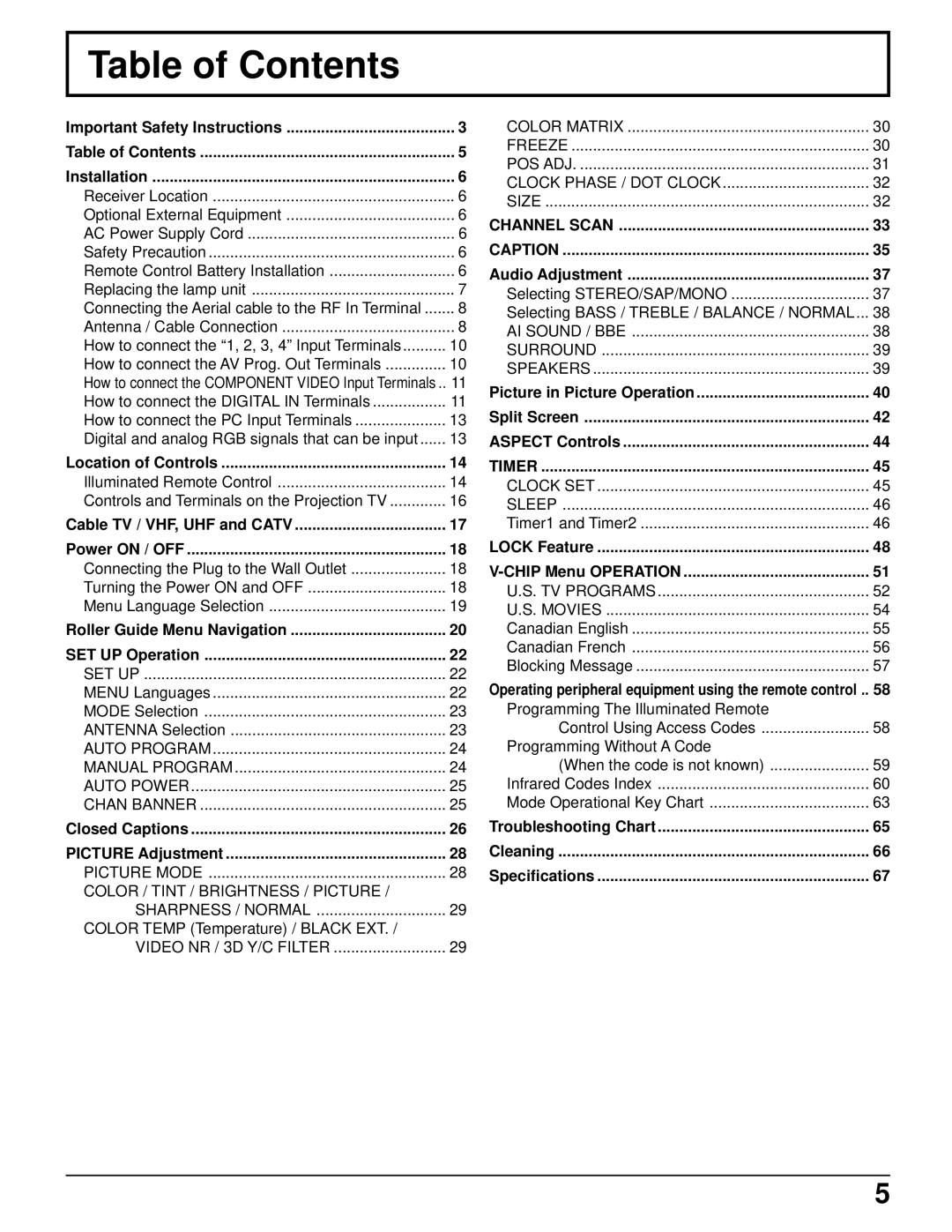 Panasonic PT 52DL52 manual Table of Contents 