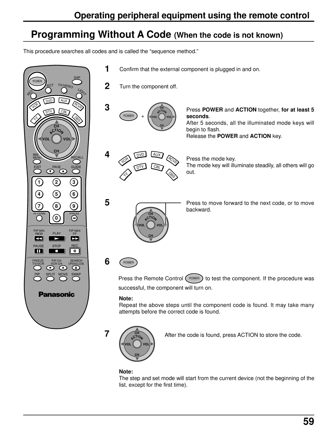 Panasonic PT 52DL52 Operating peripheral equipment using the remote control, Press Power and Action together, for at least 