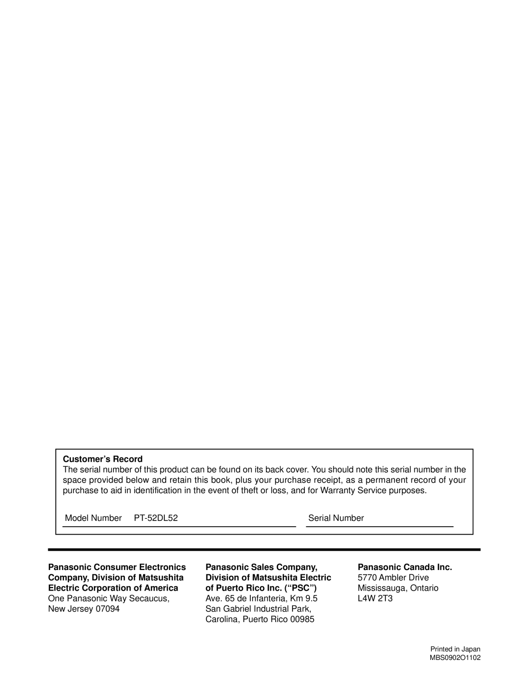 Panasonic PT 52DL52 manual Customer’s Record, Electric Corporation of America Puerto Rico Inc. PSC 