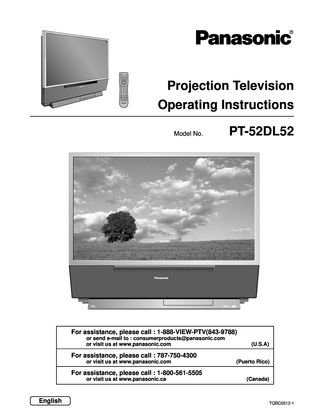 Panasonic PT 52DL52 manual For assistance, please call 1-888-VIEW-PTV843-9788, English, Model No. PT-52DL52, U.S.A, Canada 