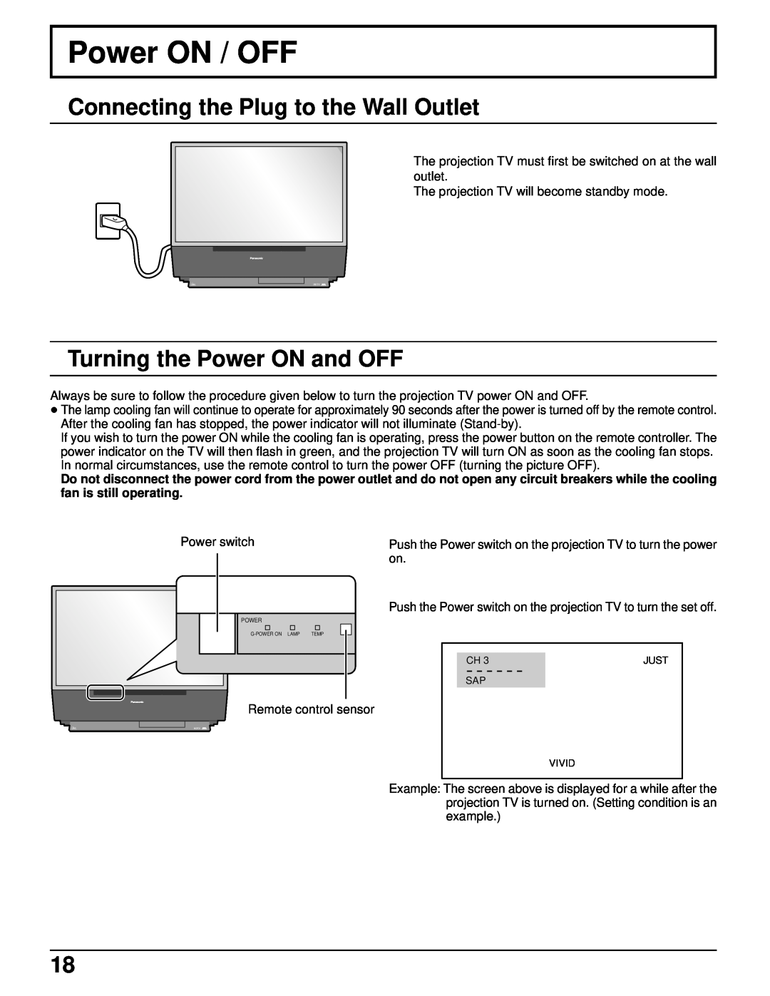 Panasonic PT 52DL52 manual Power ON / OFF, Connecting the Plug to the Wall Outlet, Turning the Power ON and OFF 