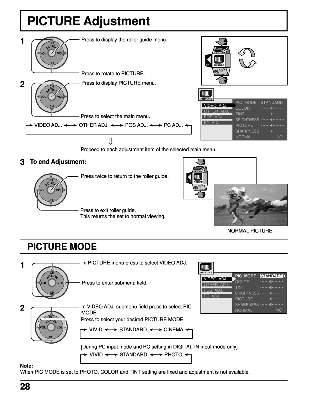 Panasonic PT 52DL52 manual PICTURE Adjustment, Picture Mode, To end Adjustment, Press to display the roller guide menu 