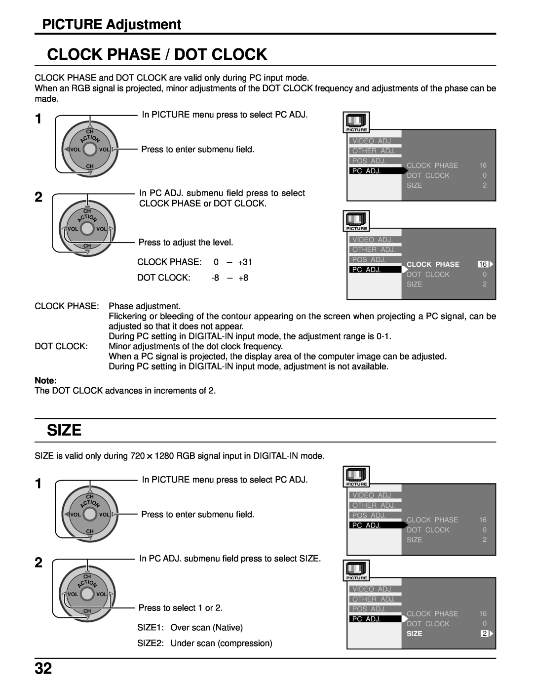 Panasonic PT 52DL52 manual Clock Phase / Dot Clock, Size, PICTURE Adjustment 