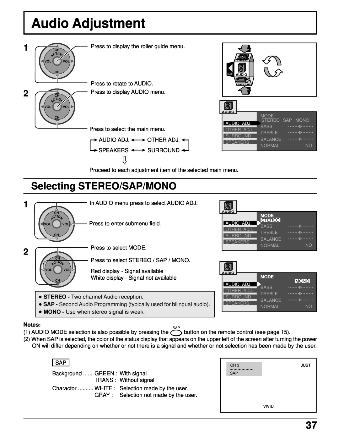 Panasonic PT 52DL52 manual Audio Adjustment, Selecting STEREO/SAP/MONO, In AUDIO menu press to select AUDIO ADJ 