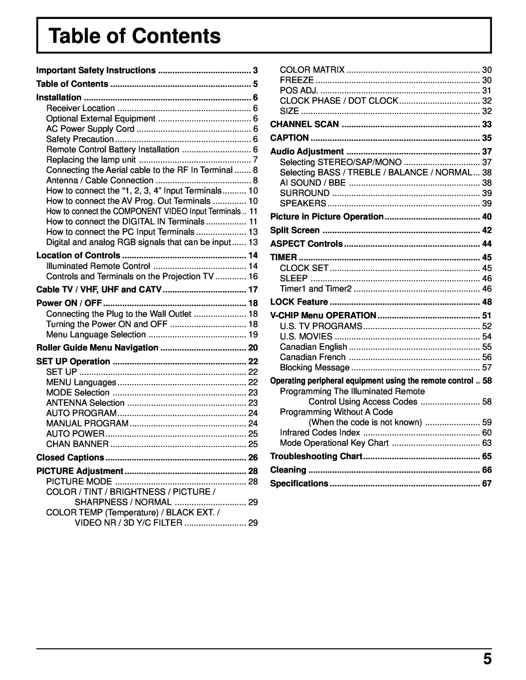 Panasonic PT 52DL52 manual Table of Contents 