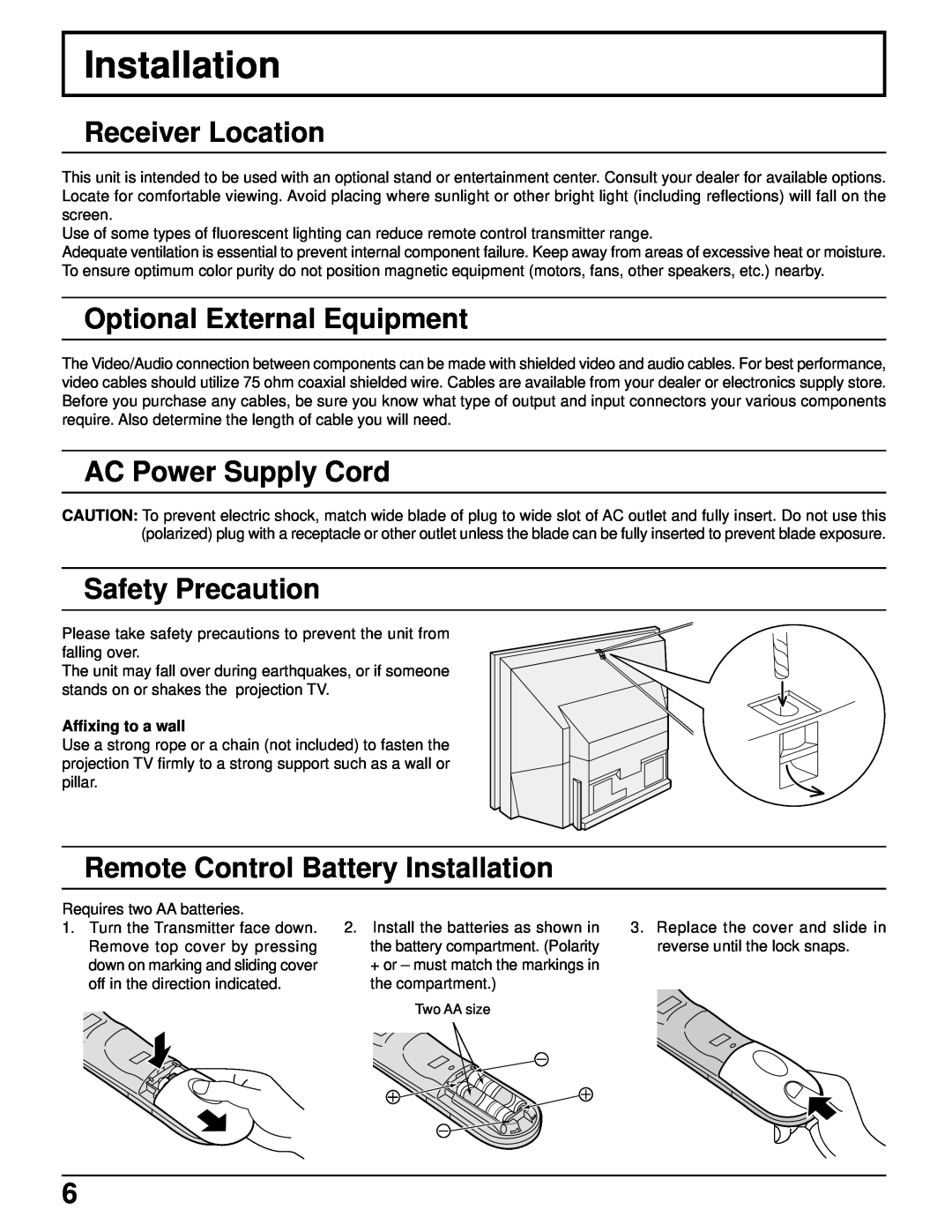 Panasonic PT 52DL52 Installation, Receiver Location, Optional External Equipment, AC Power Supply Cord, Safety Precaution 