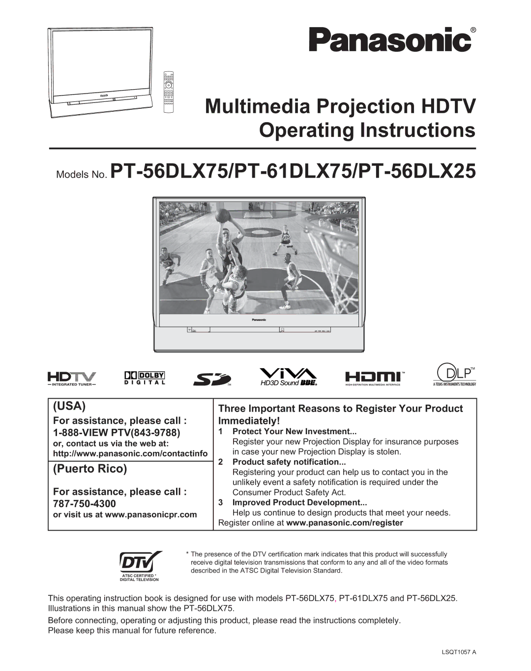 Panasonic PT 56DLX25, PT 56DLX75 manual Three Important Reasons to Register Your Product, For assistance, please call 