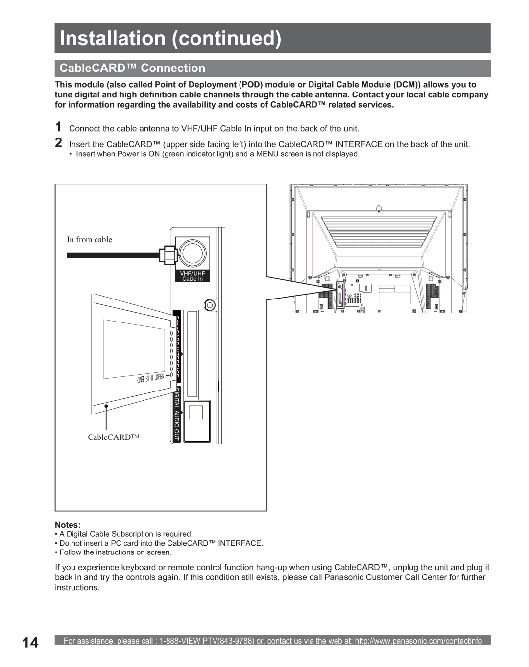 Panasonic PT 56DLX75, PT 56DLX25 manual CableCARD Connection, From cable CableCARDTM 