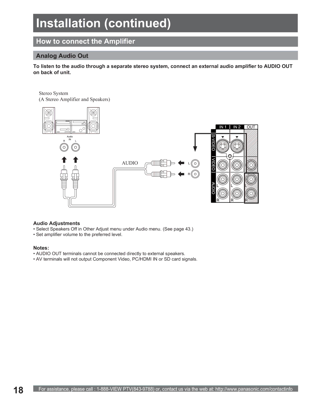 Panasonic PT 56DLX75 manual How to connect the Amplifier, Analog Audio Out, Stereo System Stereo Amplifier and Speakers 
