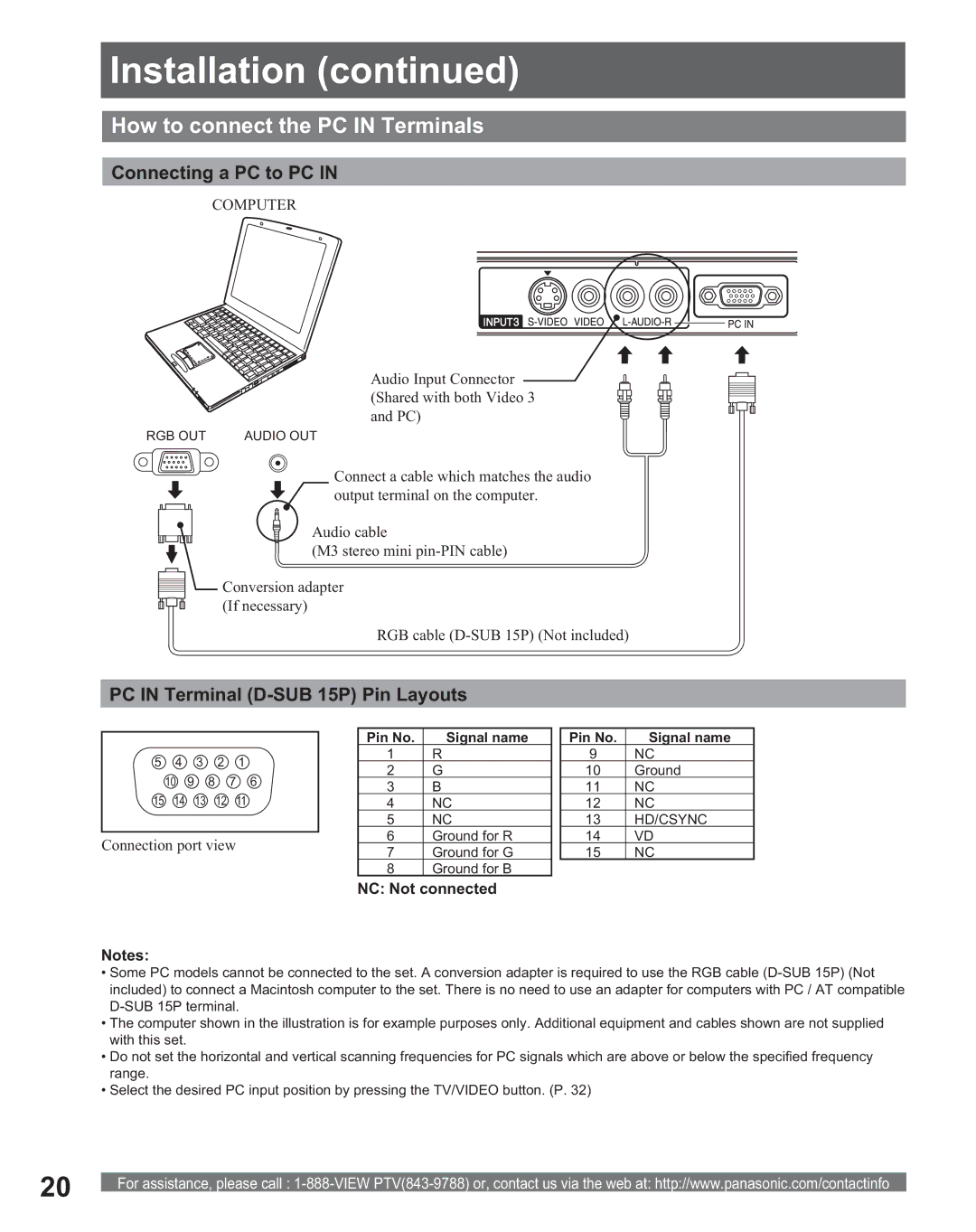 Panasonic PT 56DLX75 manual How to connect the PC in Terminals, Connecting a PC to PC, PC in Terminal D-SUB 15P Pin Layouts 