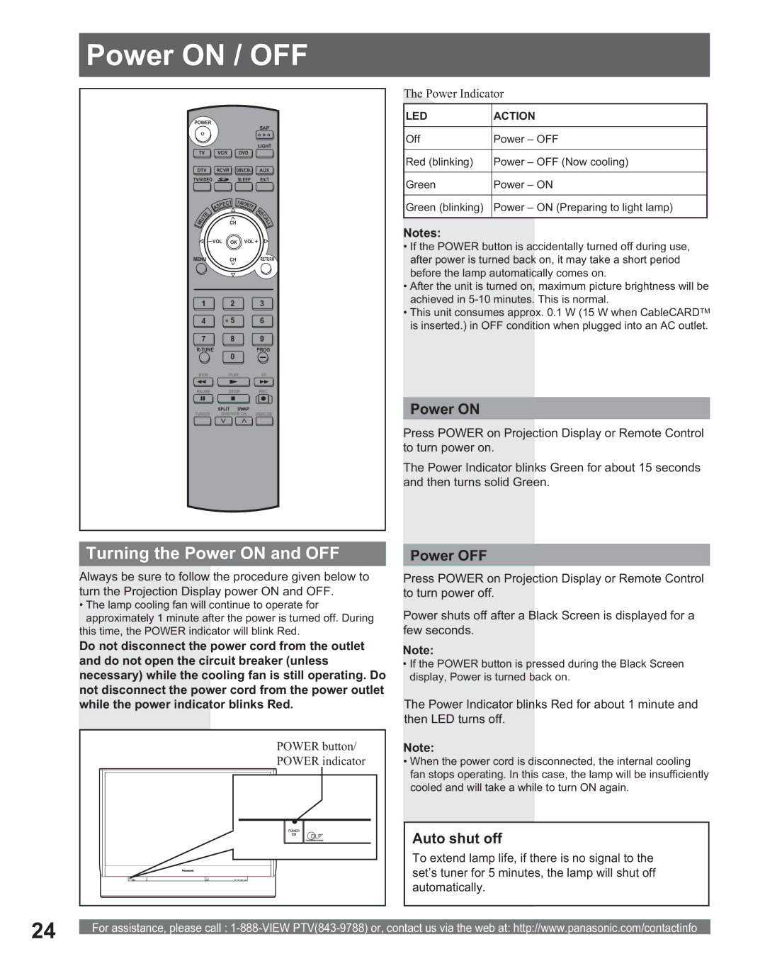 Panasonic PT 56DLX75, PT 56DLX25 manual Power on / OFF, Turning the Power on and OFF, Power OFF, Auto shut off 