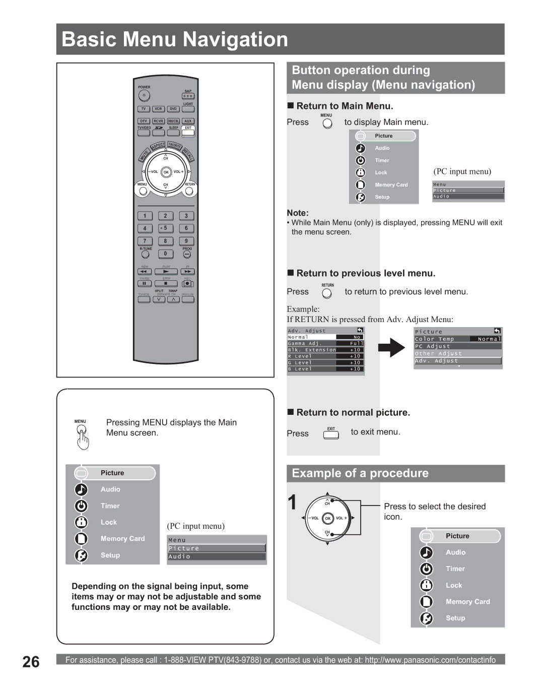 Panasonic PT 56DLX75 Basic Menu Navigation, Button operation during Menu display Menu navigation, Example of a procedure 