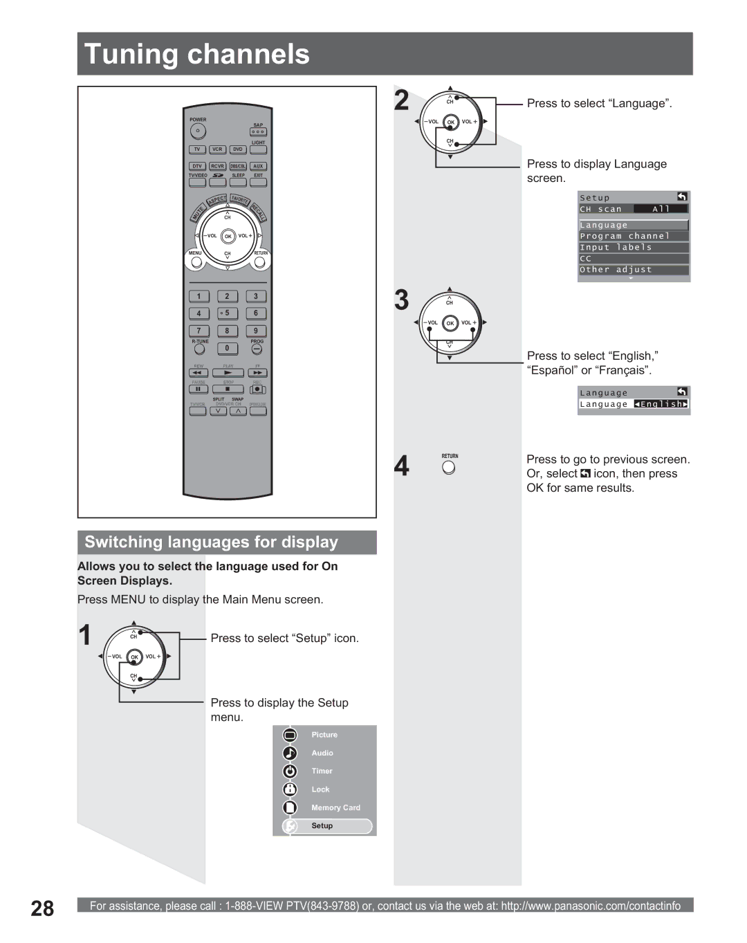 Panasonic PT 56DLX75 manual Tuning channels, Switching languages for display, Press Menu to display the Main Menu screen 