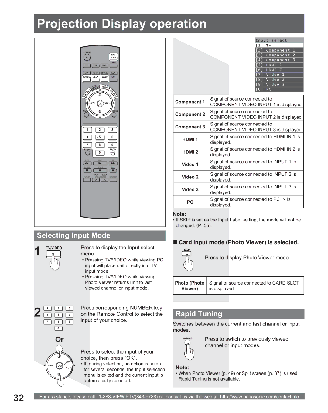 Panasonic PT 56DLX75, PT 56DLX25 Projection Display operation, Selecting Input Mode, Rapid Tuning, Channel or input modes 