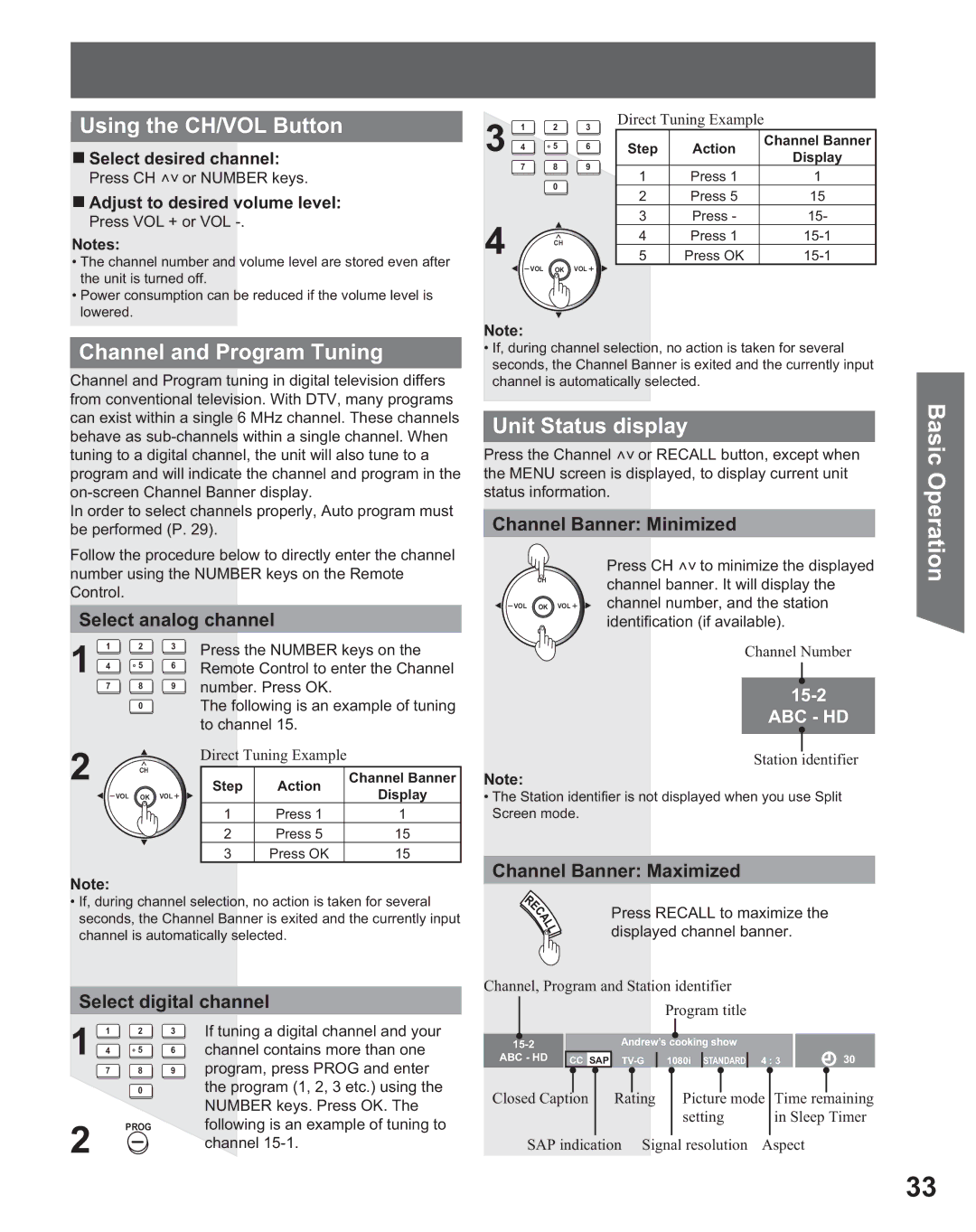 Panasonic PT 56DLX25, PT 56DLX75 manual Using the CH/VOL Button, Channel and Program Tuning, Unit Status display 