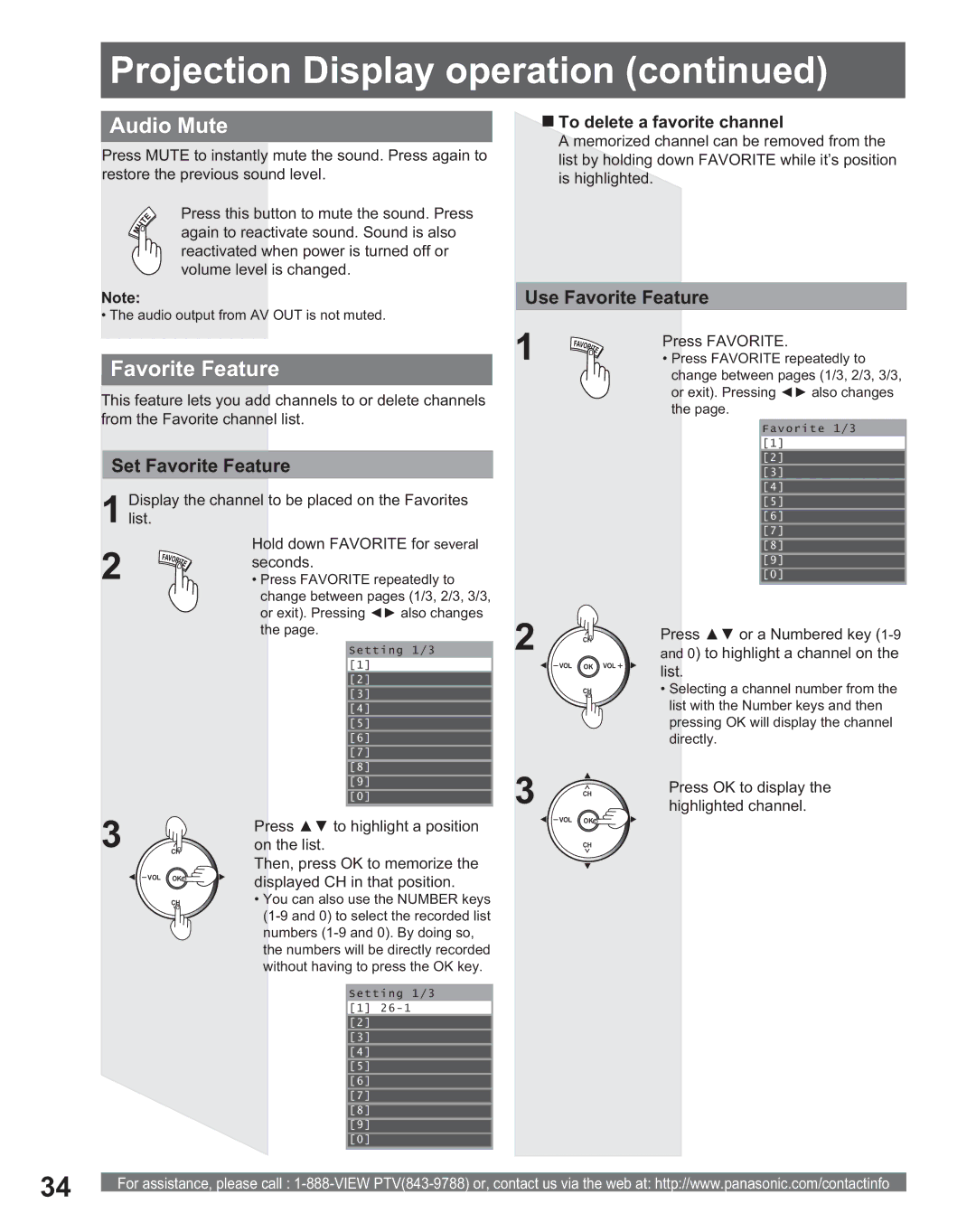 Panasonic PT 56DLX75 manual Audio Mute, Use Favorite Feature, Set Favorite Feature, „ To delete a favorite channel 