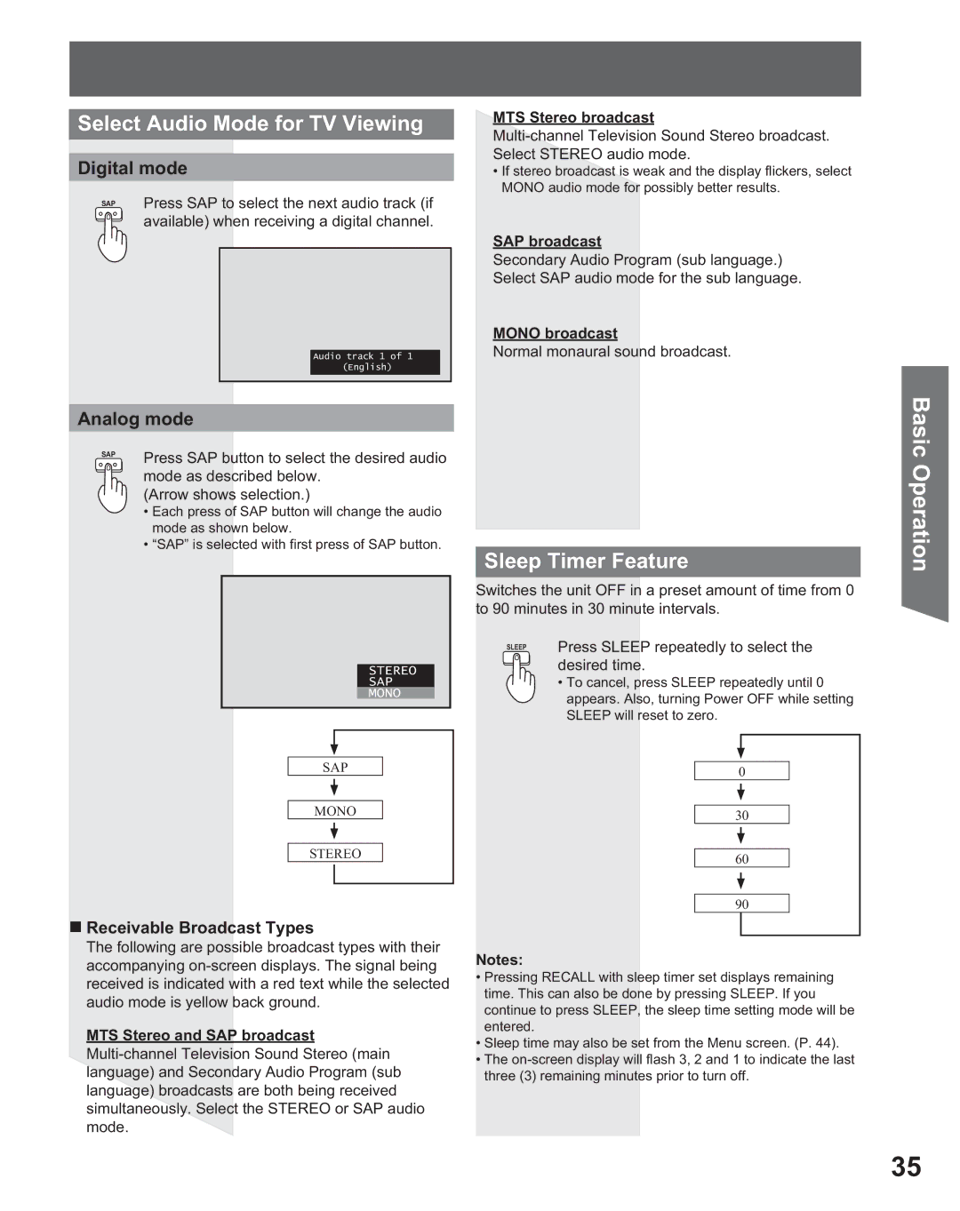 Panasonic PT 56DLX25, PT 56DLX75 manual Select Audio Mode for TV Viewing, Sleep Timer Feature, Digital mode, Analog mode 