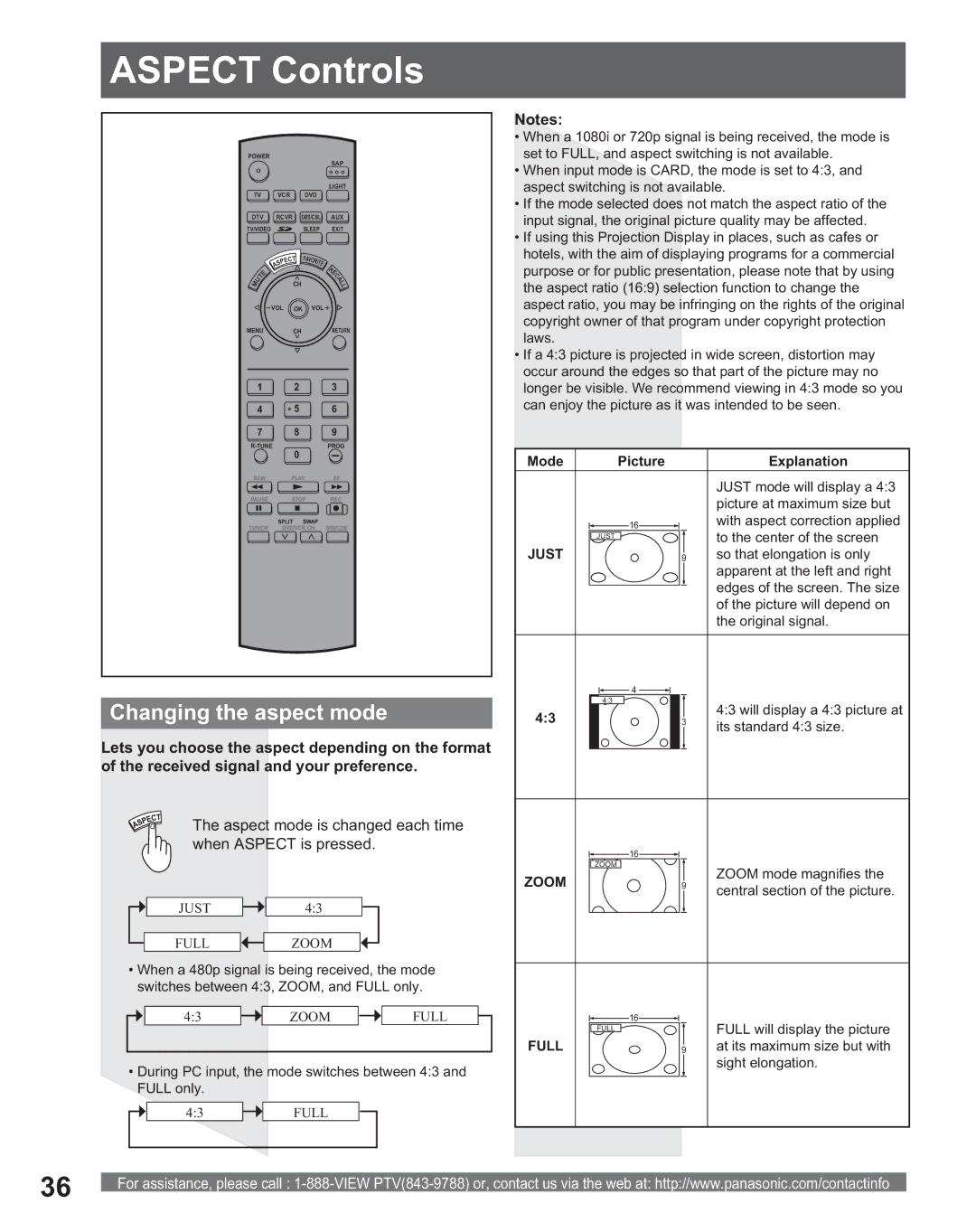Panasonic PT 56DLX75 Aspect Controls, Changing the aspect mode, Aspect mode is changed each time when Aspect is pressed 