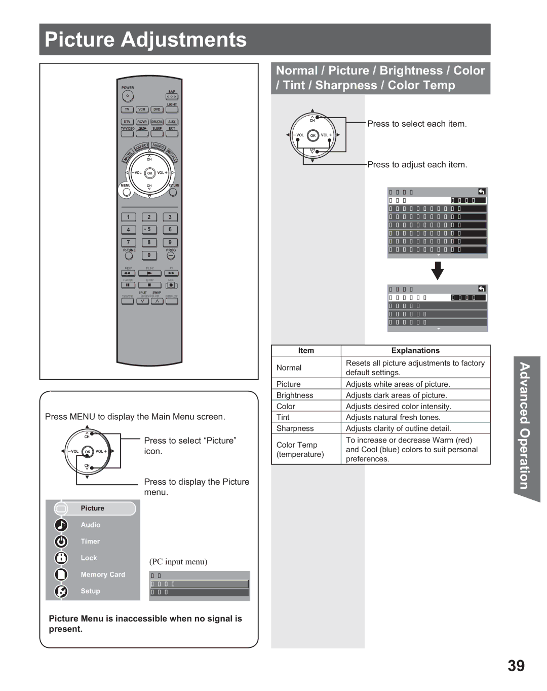 Panasonic PT 56DLX25 Picture Adjustments, Press to select Picture, Picture Menu is inaccessible when no signal is present 