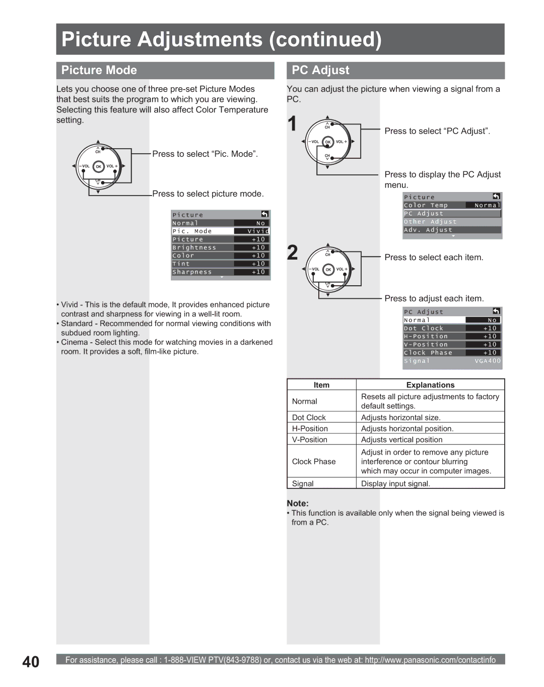 Panasonic PT 56DLX75, PT 56DLX25 manual Picture Mode, Press to select picture mode, Press to display the PC Adjust Menu 