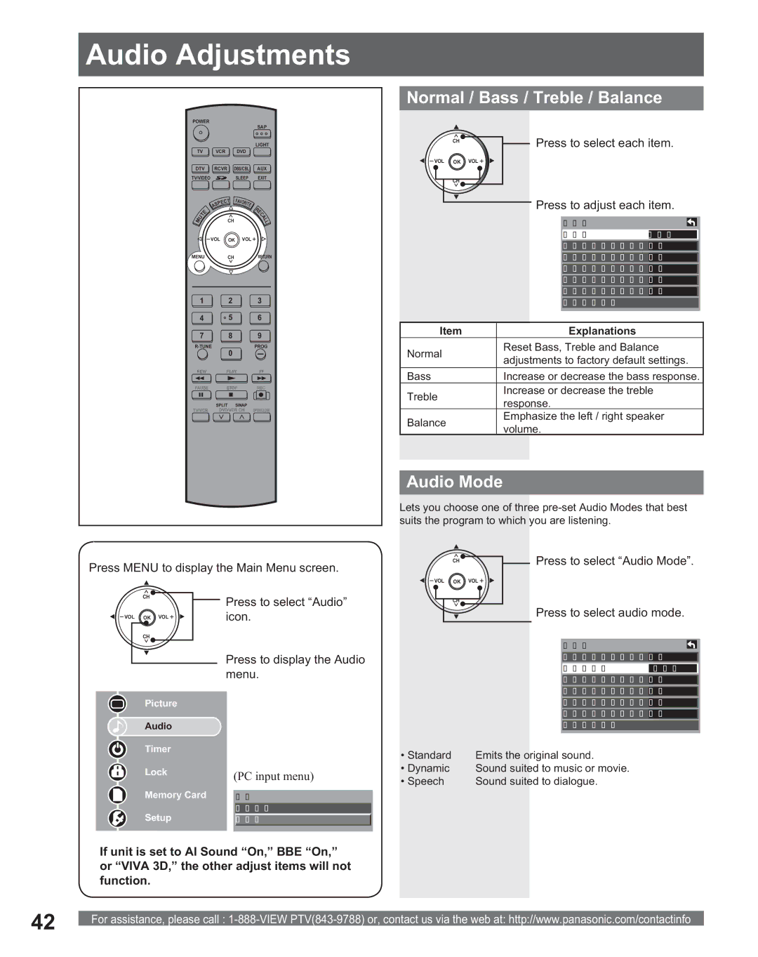 Panasonic PT 56DLX75, PT 56DLX25 Audio Adjustments, Normal / Bass / Treble / Balance, Audio Mode, Press to select Audio 