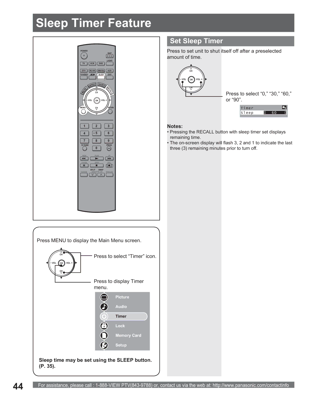 Panasonic PT 56DLX75 Sleep Timer Feature, Set Sleep Timer, Press to display Timer menu, Press to select 0, 30, 60, or 