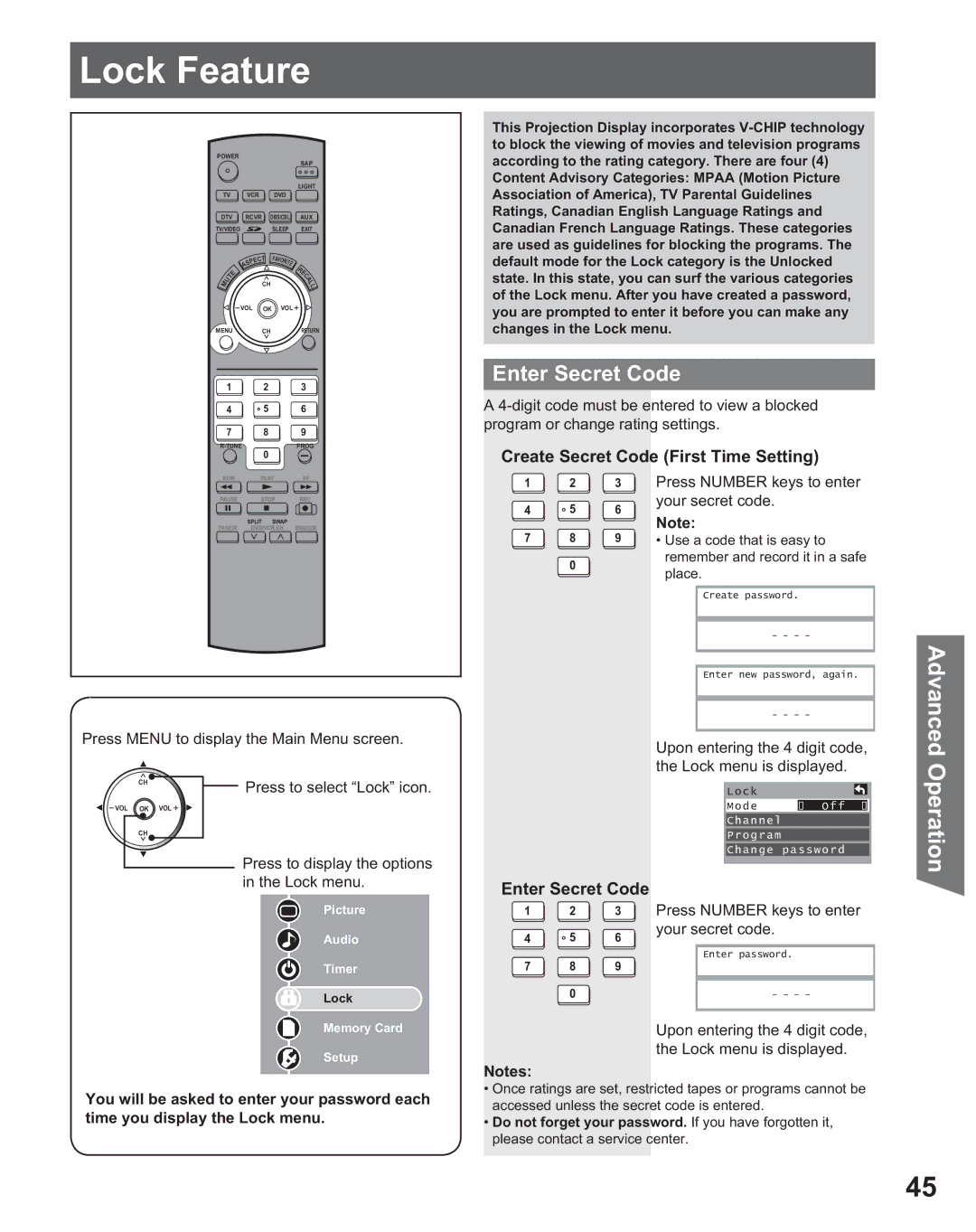 Panasonic PT 56DLX25, PT 56DLX75 manual Lock Feature, „ Create Secret Code First Time Setting, „ Enter Secret Code 