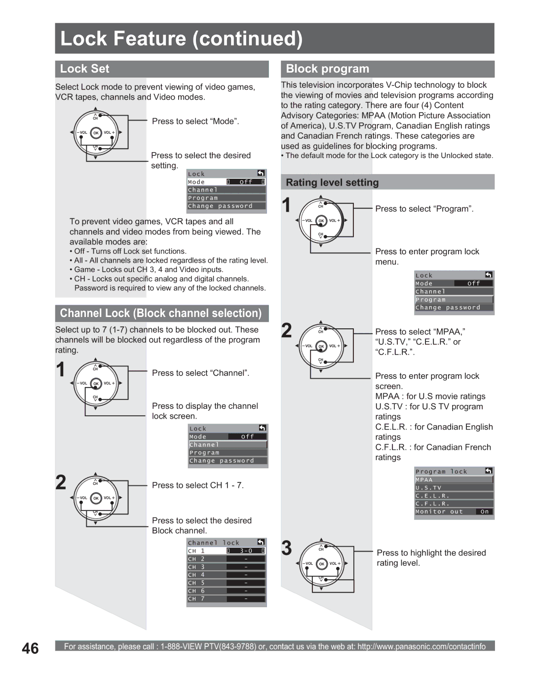 Panasonic PT 56DLX75, PT 56DLX25 manual Lock Set, Block program, Channel Lock Block channel selection, Rating level setting 