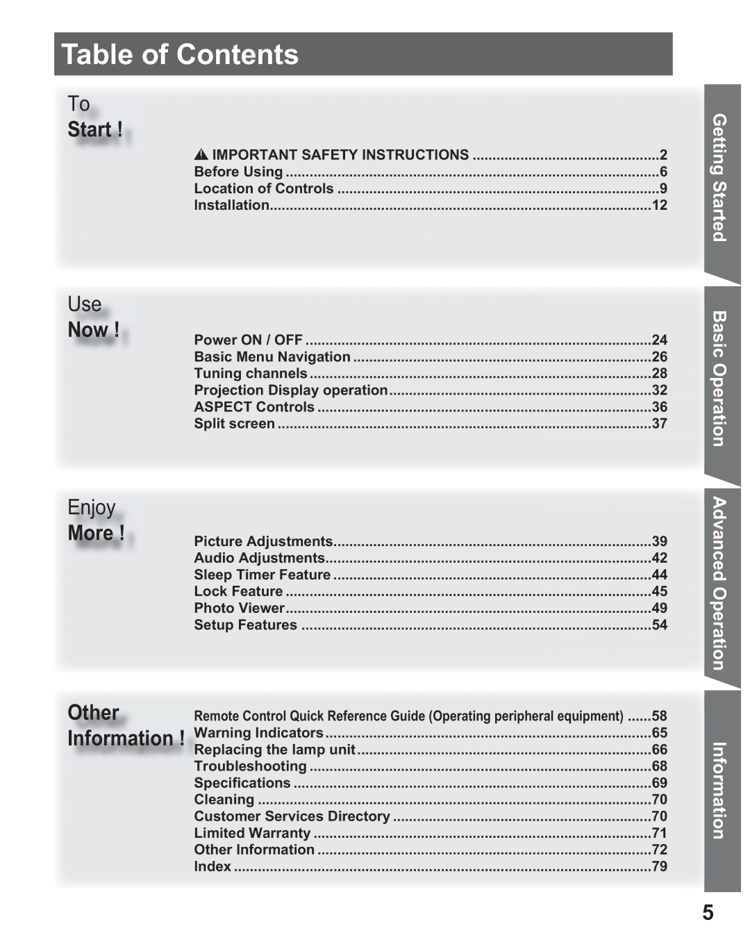 Panasonic PT 56DLX25, PT 56DLX75 manual Table of Contents 