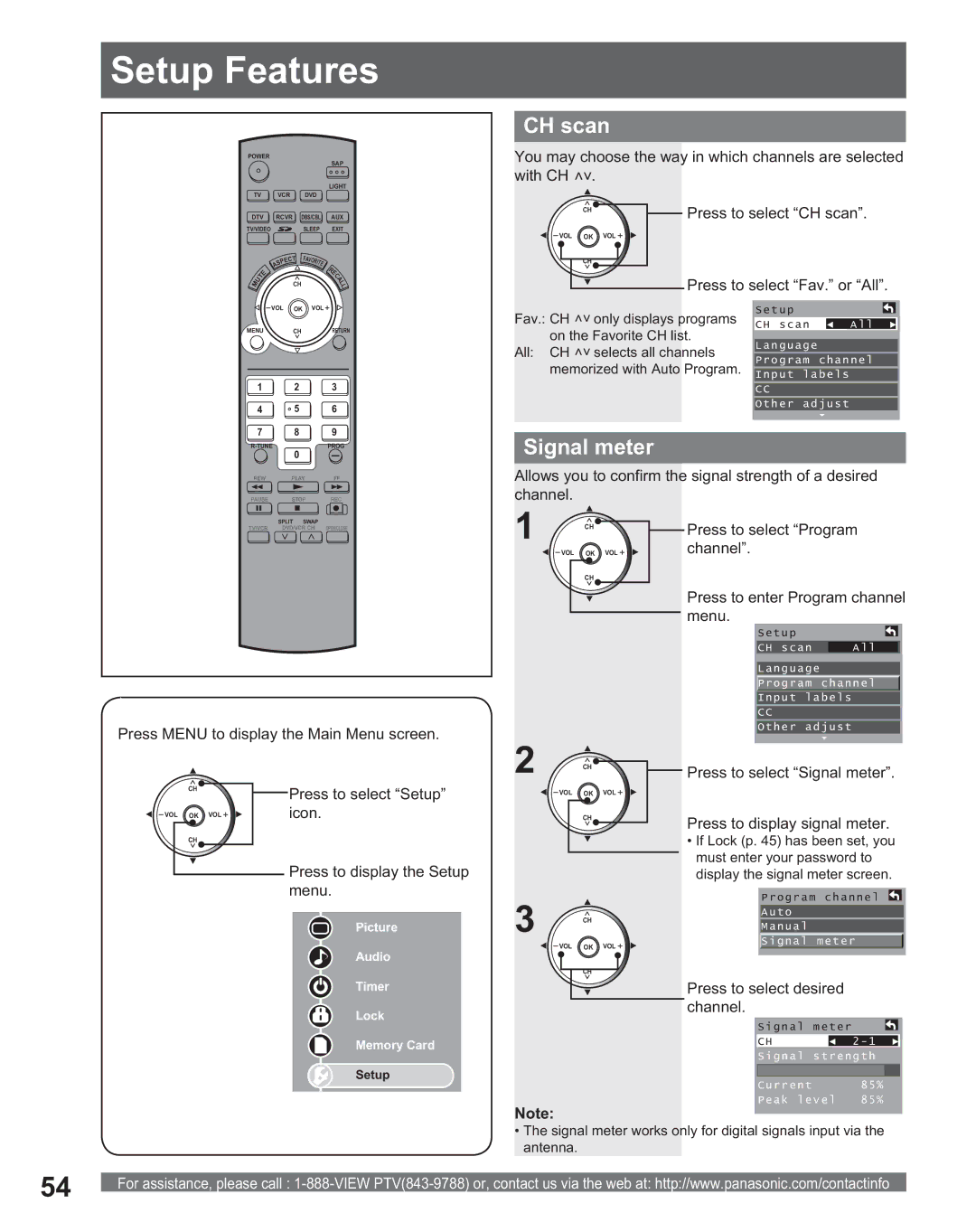 Panasonic PT 56DLX75, PT 56DLX25 Setup Features, CH scan, Press to select Signal meter, Press to display signal meter 