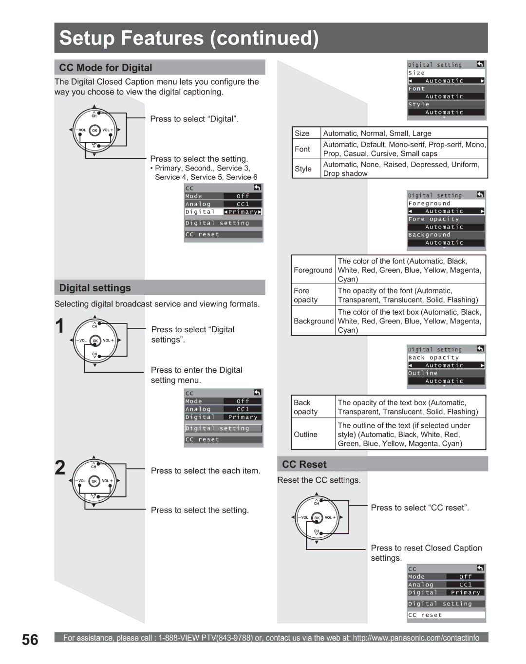 Panasonic PT 56DLX75, PT 56DLX25 manual CC Mode for Digital, Digital settings, CC Reset, Settings 