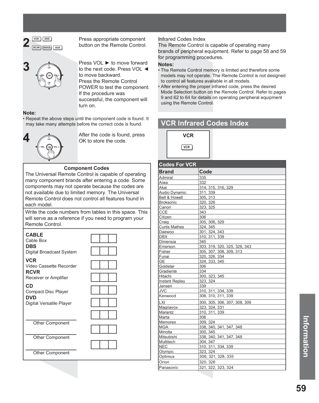 Panasonic PT 56DLX25, PT 56DLX75 manual VCR Infrared Codes Index, OK to store the code, Component Codes, Brand Code 