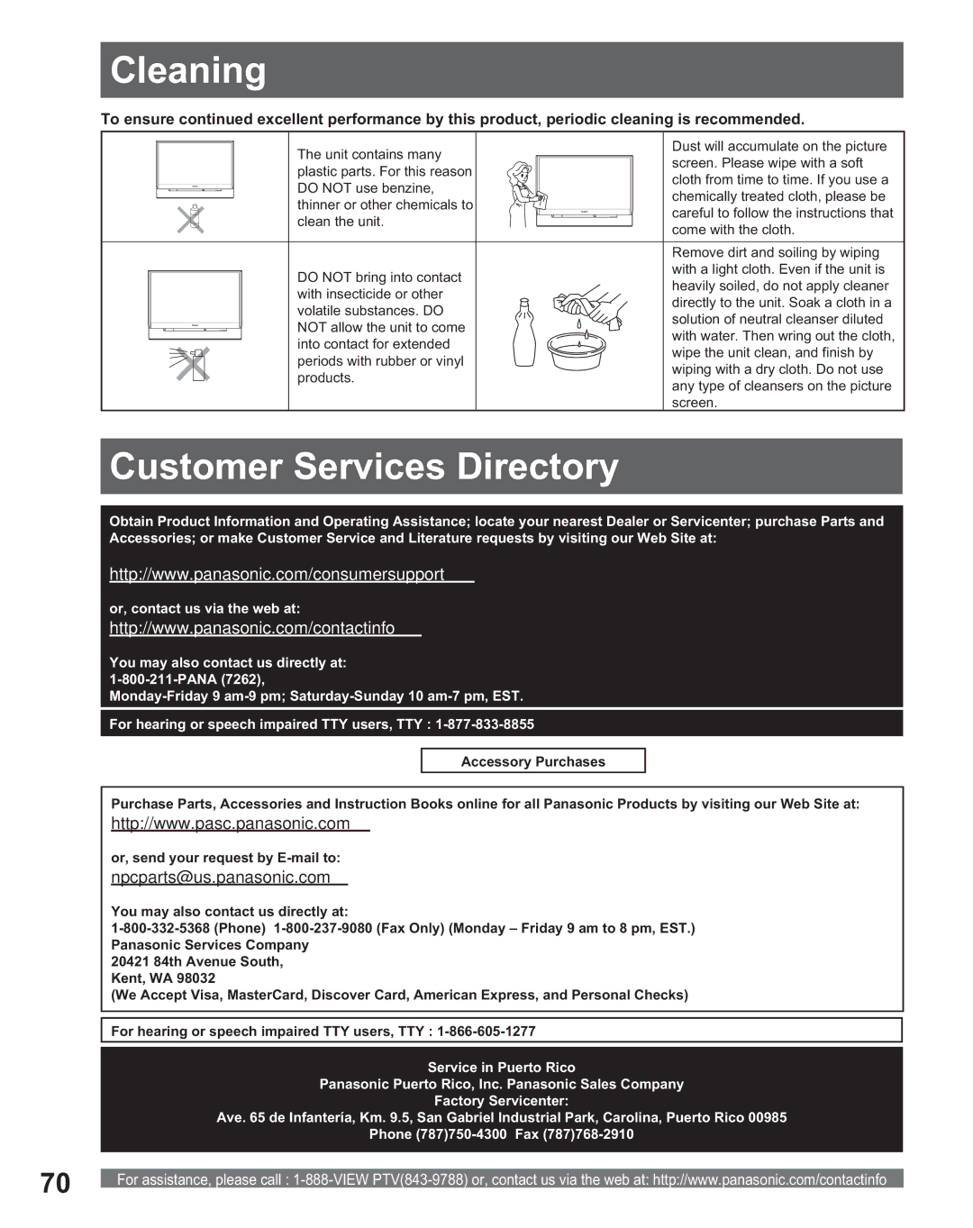 Panasonic PT 56DLX75, PT 56DLX25 manual Cleaning, Customer Services Directory 