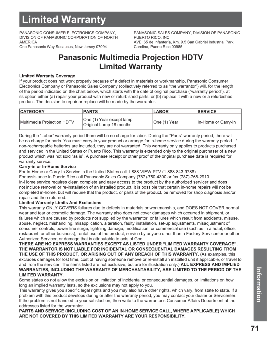 Panasonic PT 56DLX25 Limited Warranty Coverage, Carry-in or In-Home Service, Limited Warranty Limits And Exclusions 