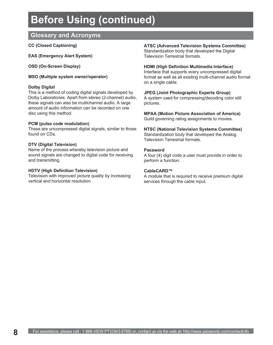 Panasonic PT 56DLX75, PT 56DLX25 manual Glossary and Acronyms 