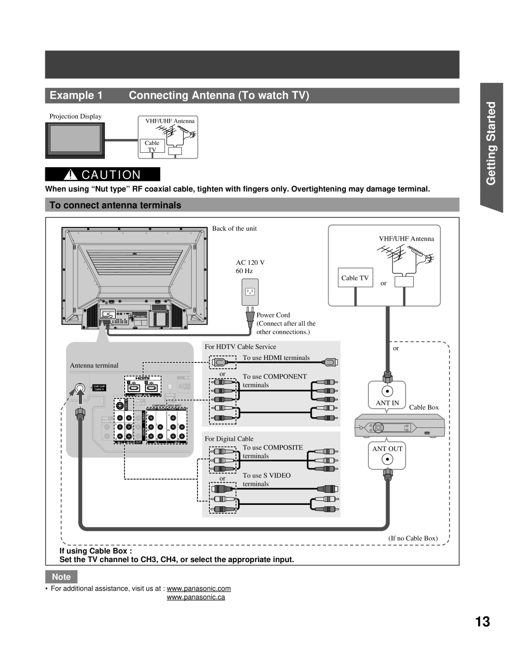 Panasonic PT-56LCX70 manual Example 1 Connecting Antenna To watch TV, To connect antenna terminals 