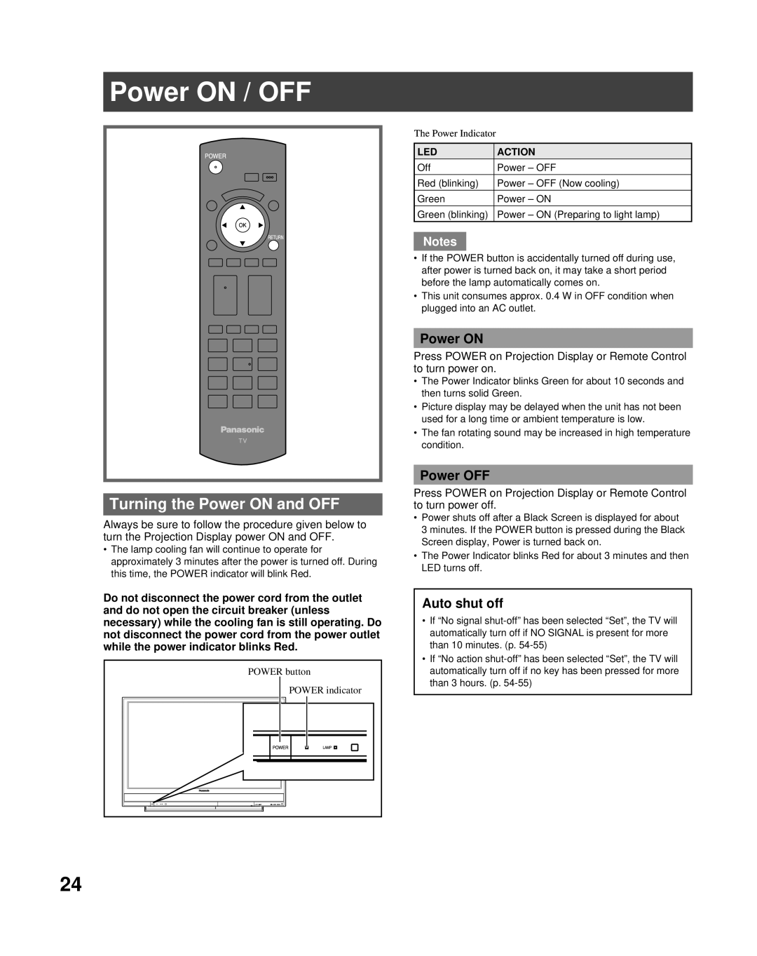 Panasonic PT-56LCX70 manual Power on / OFF, Turning the Power on and OFF, Power OFF, Auto shut off 