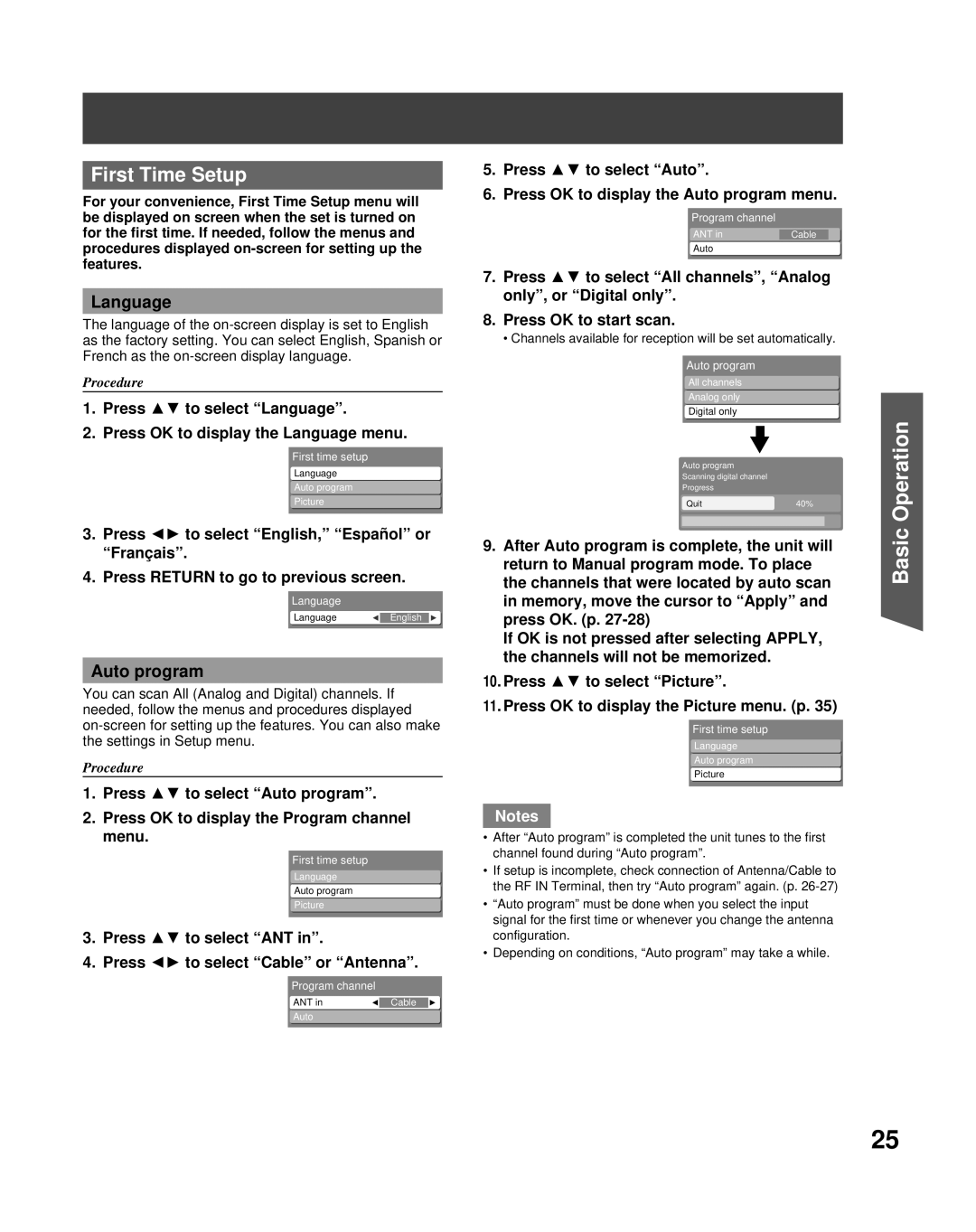 Panasonic PT-56LCX70 manual First Time Setup, Language, Auto program, Press to select ANT Press to select Cable or Antenna 