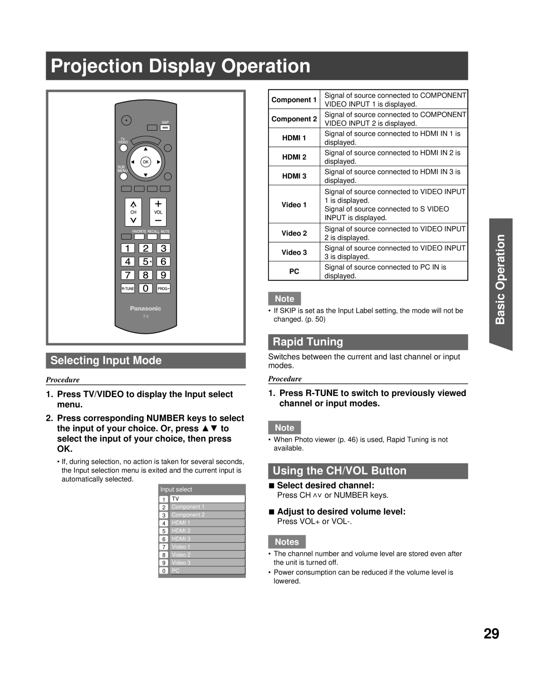 Panasonic PT-56LCX70 manual Projection Display Operation, Selecting Input Mode, Rapid Tuning, Using the CH/VOL Button 