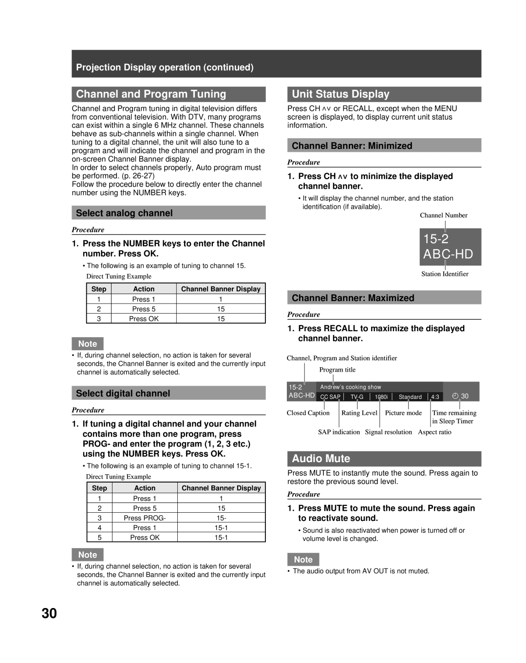 Panasonic PT-56LCX70 manual Channel and Program Tuning, Unit Status Display, Audio Mute 