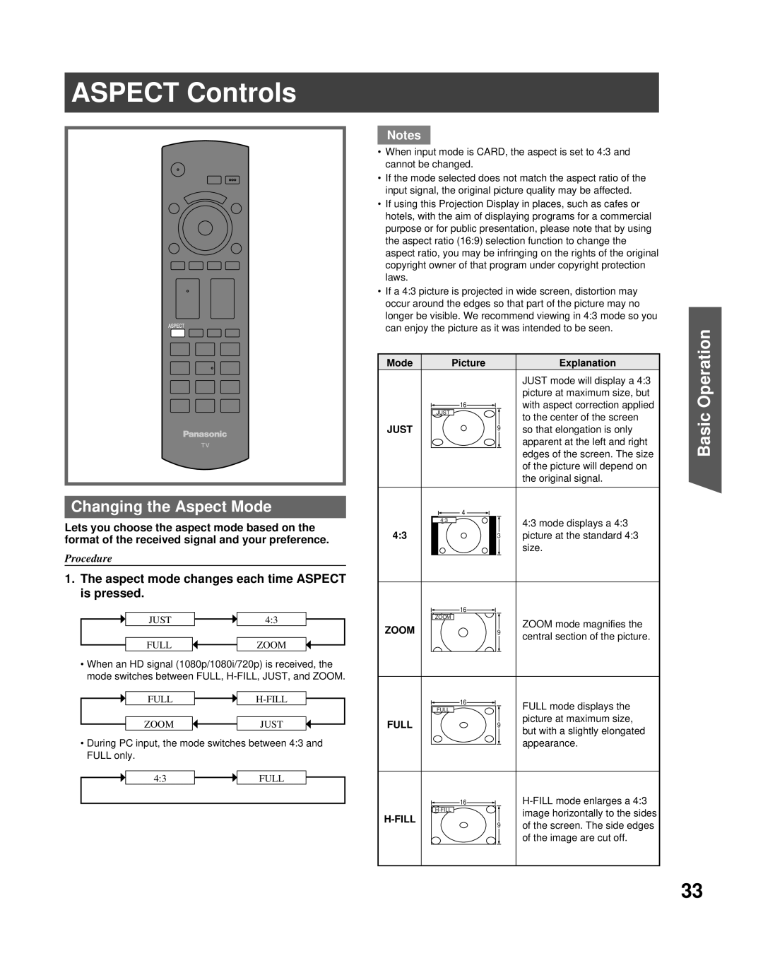 Panasonic PT-56LCX70 manual Aspect Controls, Changing the Aspect Mode, Aspect mode changes each time Aspect is pressed 