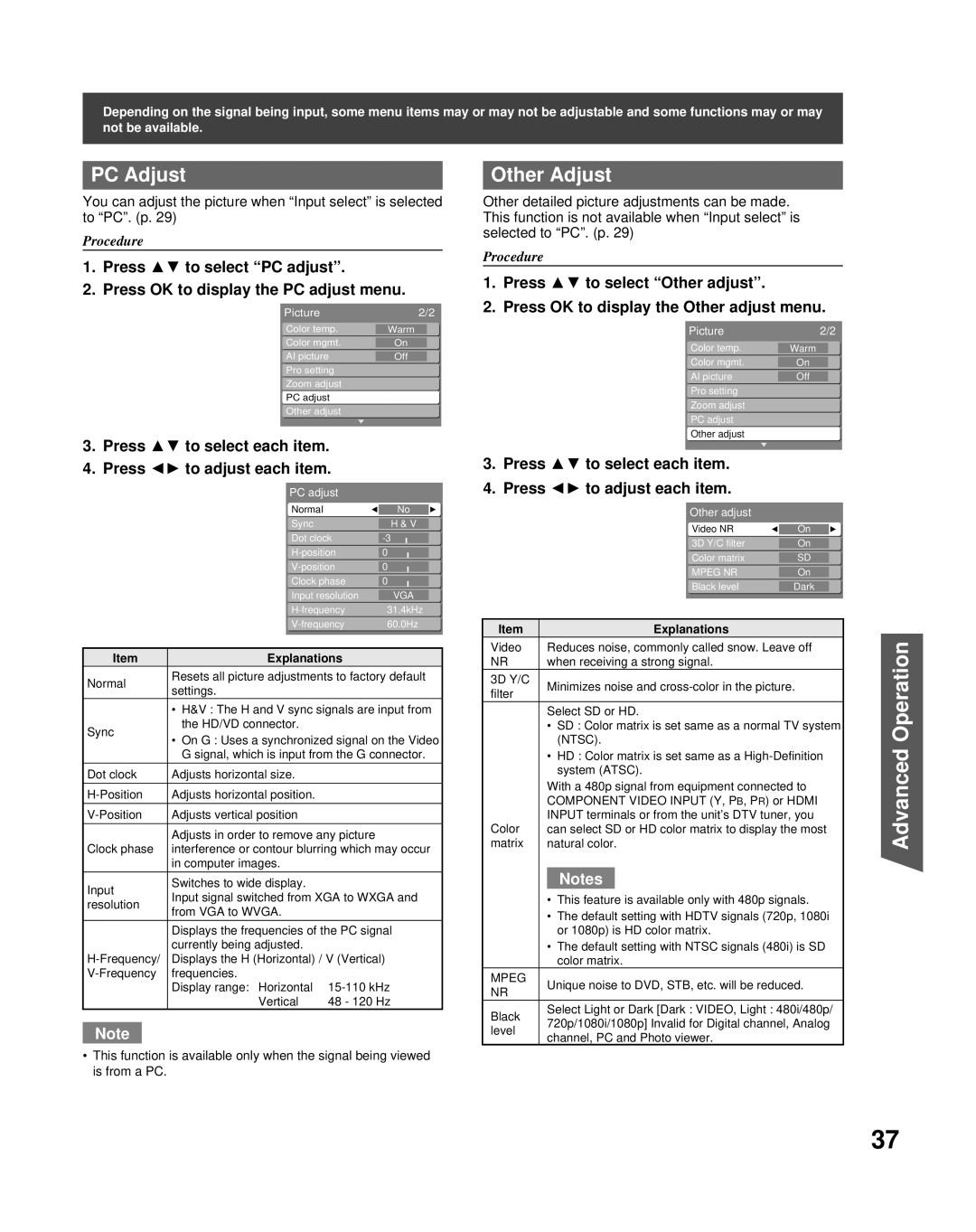 Panasonic PT-56LCX70 manual PC Adjust, Other Adjust 