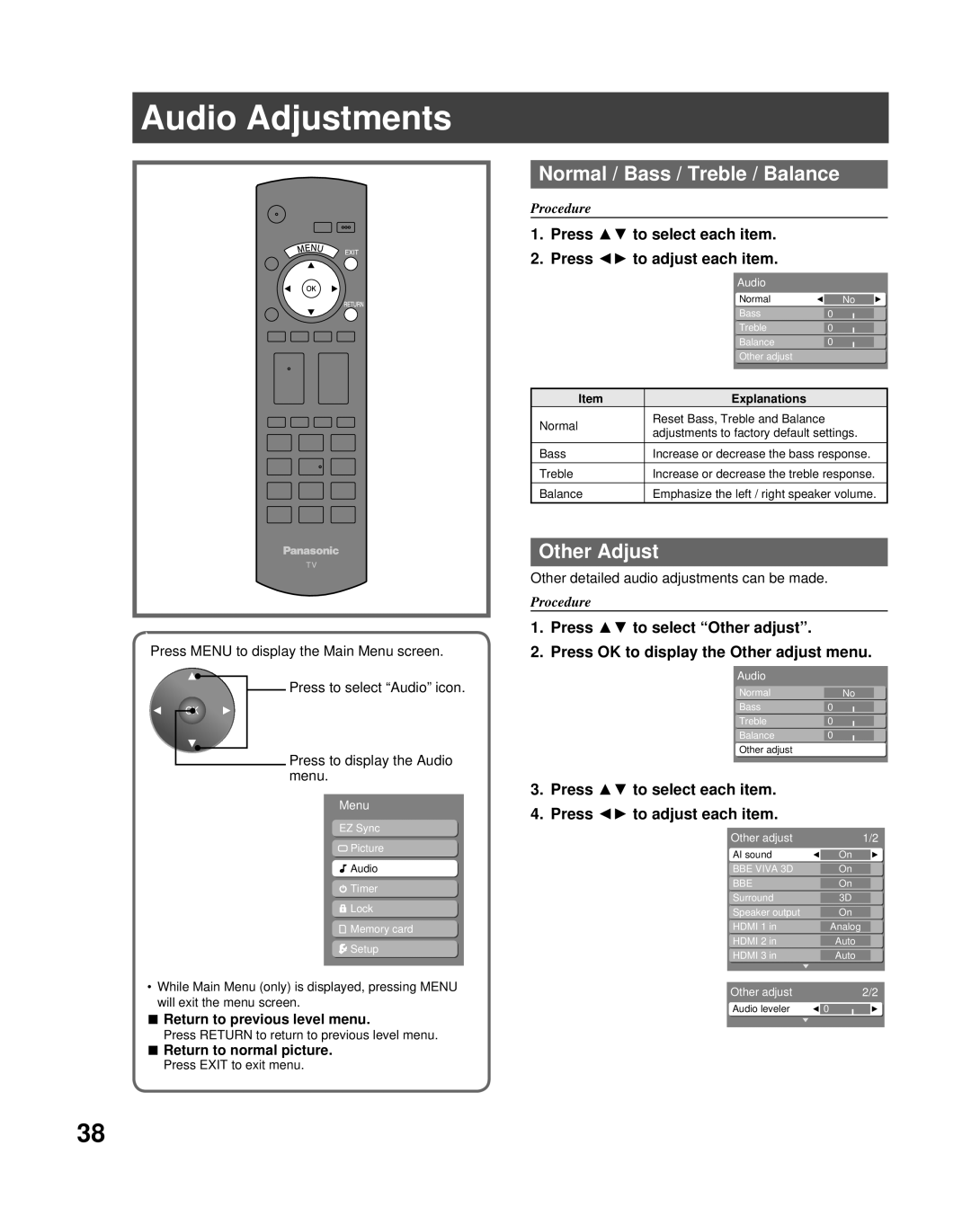 Panasonic PT-56LCX70 manual Audio Adjustments, Normal / Bass / Treble / Balance 